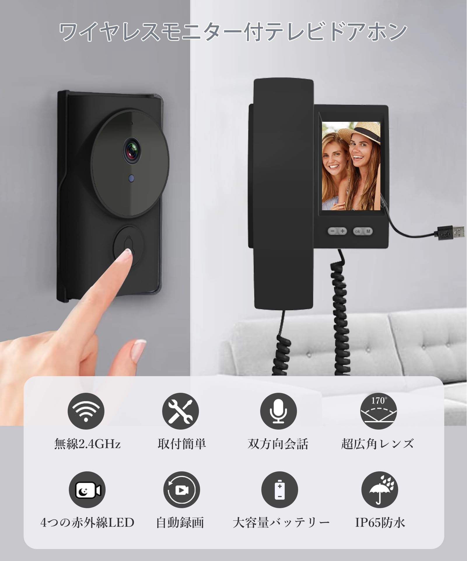 Amazon.co.jp: ZAIDER インターホン カメラ付き 工事不要 ドアホン